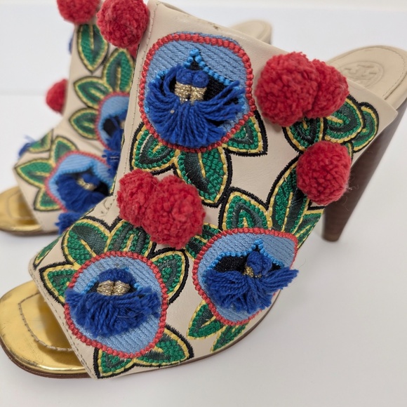Tory Burch Multicolor Leather and Embroidered Fabric Pom Pom Open Toe Mules - Picture 4 of 11
